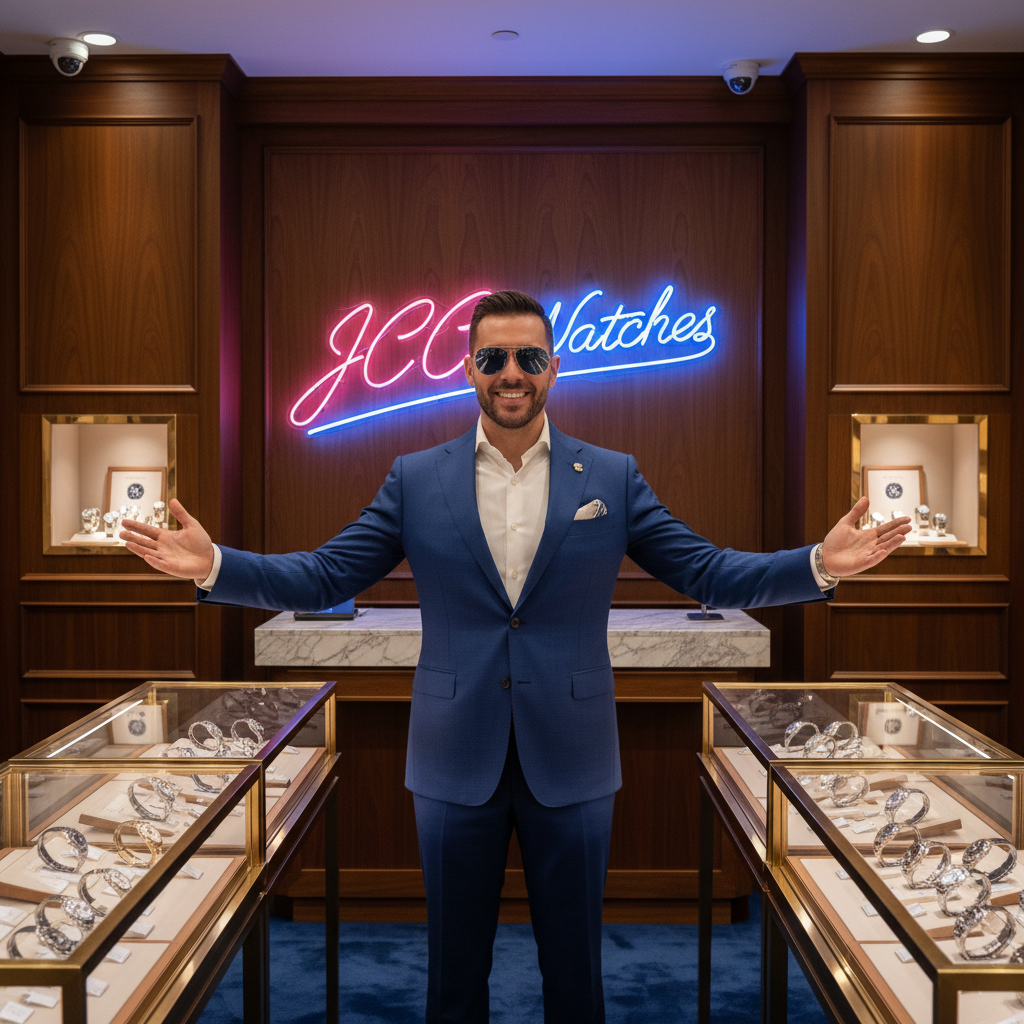 Antony "The Artisan" Luck — a stylish watch dealer in a blue suit with sunglasses, arms spread wide in his luxury watch shop surrounded by premium timepieces