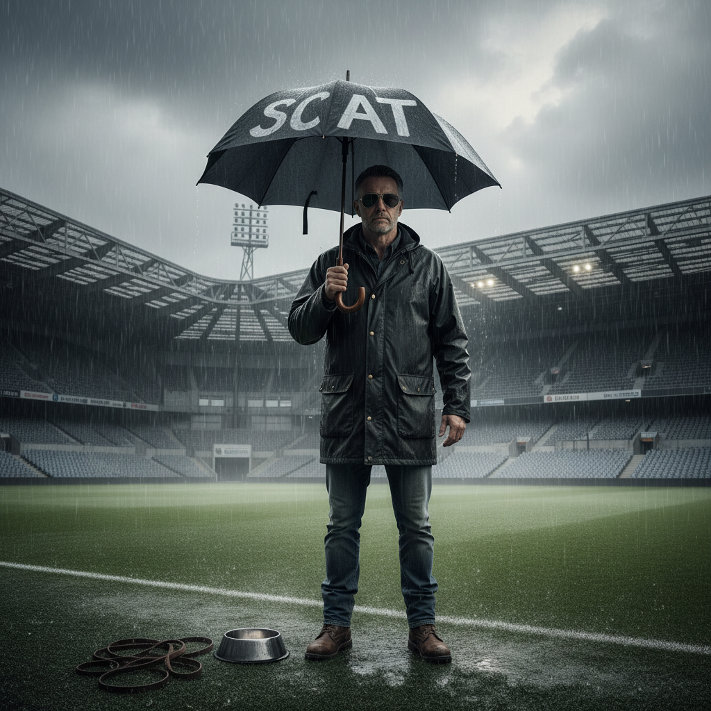 Groves — Gaz, a Manchester veteran standing alone in the rain on a football pitch, holding an umbrella, a steadfast soldier of the syndicate