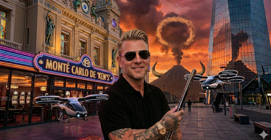 Ken 'Doubles' — a sharp-looking man with blonde stubble, brushed-back fringe, and silver aviator sunglasses in a black polo, standing confidently in front of a Monte Carlo casino backdrop with flying Maybach vehicles