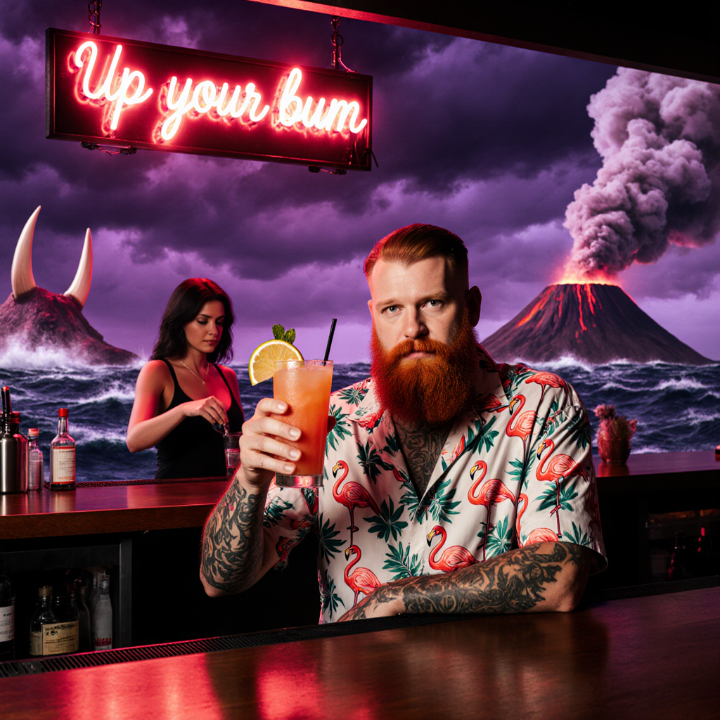 Shane 'The Charmer' — a tattooed, red-bearded man in a flamingo-print shirt raising a tropical cocktail at a neon-lit bar with a 'Up your bum' sign, overlooking a stormy volcanic sea with giant horns in the sky, the ultimate party animal of Chow Island