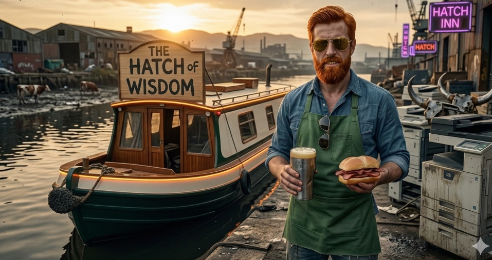 Trainhead standing at the Hatch of Wisdom boat dock, holding a beer and sandwich at sunset