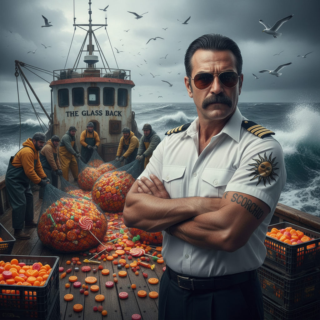 Fernando Scorchio — the King of the Seas, standing arms-crossed on the deck of The Glass Back trawler from Valencia, white captain's shirt with gold epaulettes, aviator sunglasses, sun tattoo reading SCORCHIO, surrounded by crates of bright orange candy with seagulls overhead