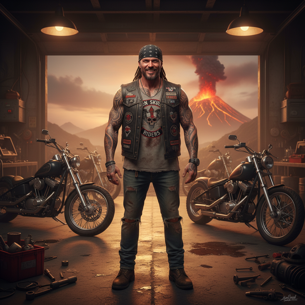 Joel 'The Boss' Fraboni — a tattooed, bearded biker with sleeve tattoos and a bandana standing in front of The Rusty Anchor bar on Rodeo Drive, surrounded by motorcycles with the Chow Island volcano erupting in the background