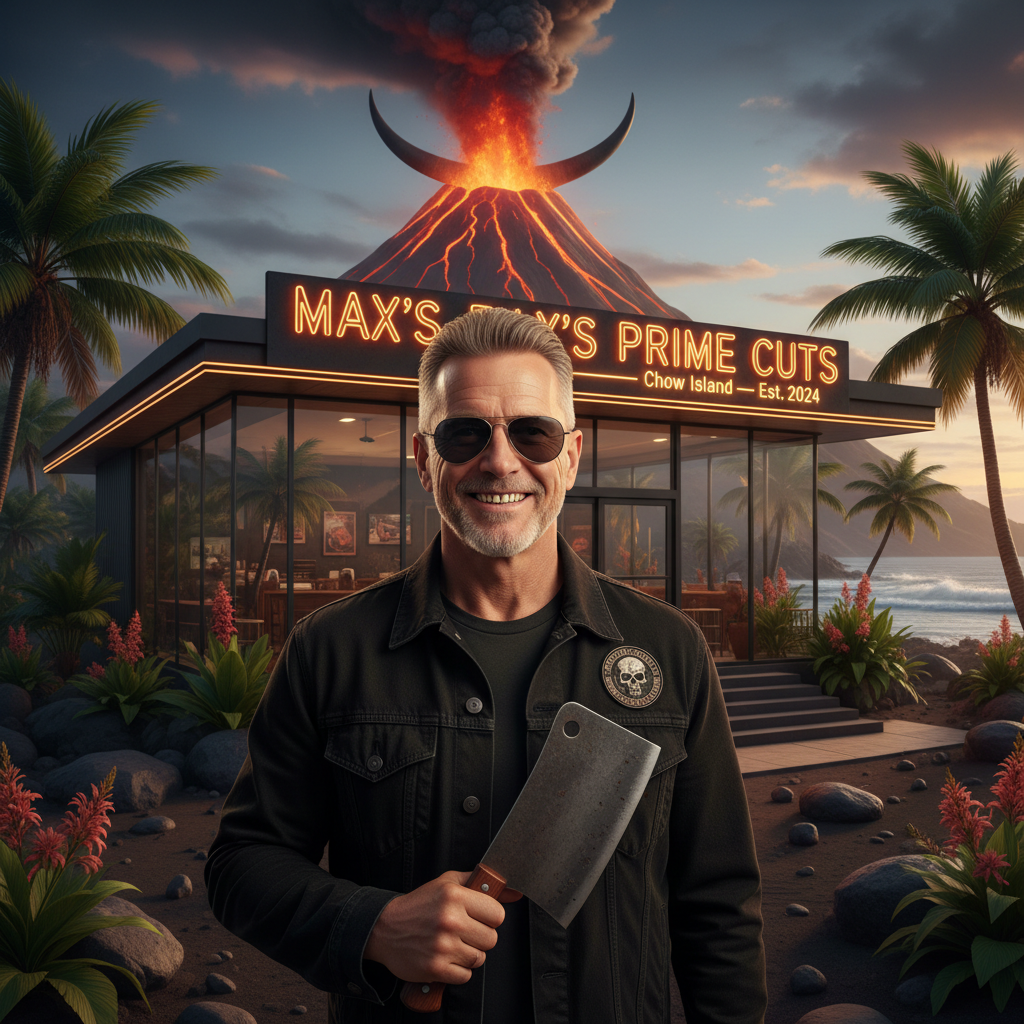 Mad Max — a confident man in a black denim jacket holding a large meat cleaver, standing in front of Max's Prime Cuts steakhouse with a glowing neon sign on Chow Island, with the volcano erupting behind him