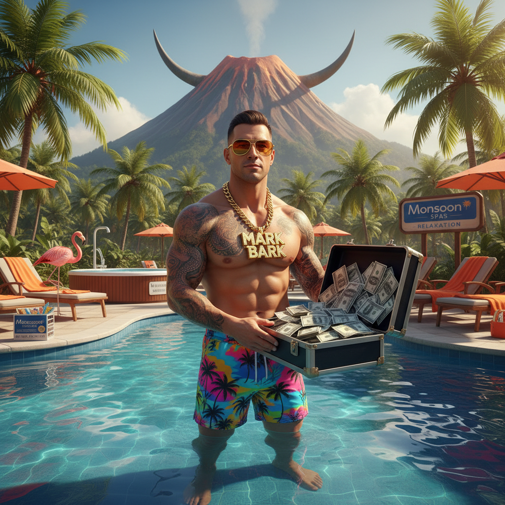 Mark the Bark — muscular tanned man with gold aviator sunglasses and MARK THE BARK gold chain, dragon tattoo, holding open briefcase of cash in a Chow Island resort pool, with flamingo, sun loungers, Monsoon Spas hot tub, volcanic mountain with bull horns in the background.