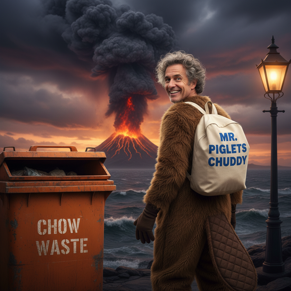 Nik — a man in a brown otter suit carrying a Mr. Piglets Chuddy backpack, standing next to a large orange Chow Waste bin with a volcanic eruption in the background